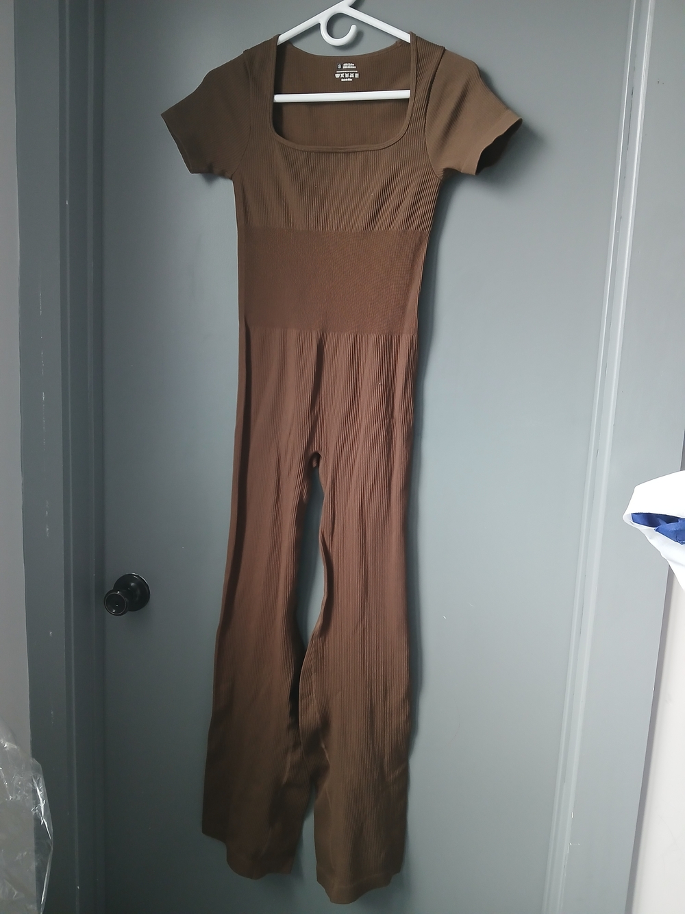 Brown Ribbed Short-Sleeve Jumpsuit for Women